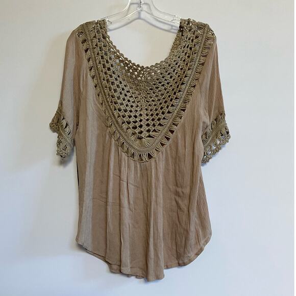 My Emblem Young Contemporary Macrame Crochet Taupe‎ Brown Tunic Blouse M NWT - Picture 8 of 12